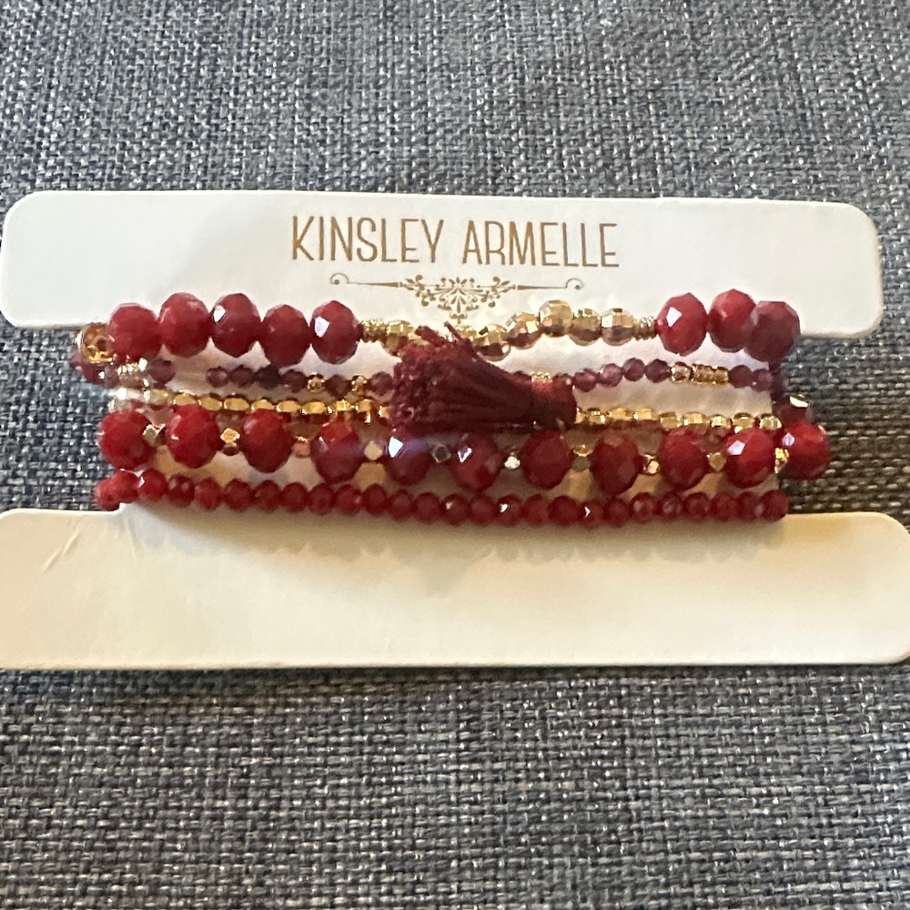Kinsley Armelle Garnet Red Beaded Bracelet 5 Piece Stack with Tassel